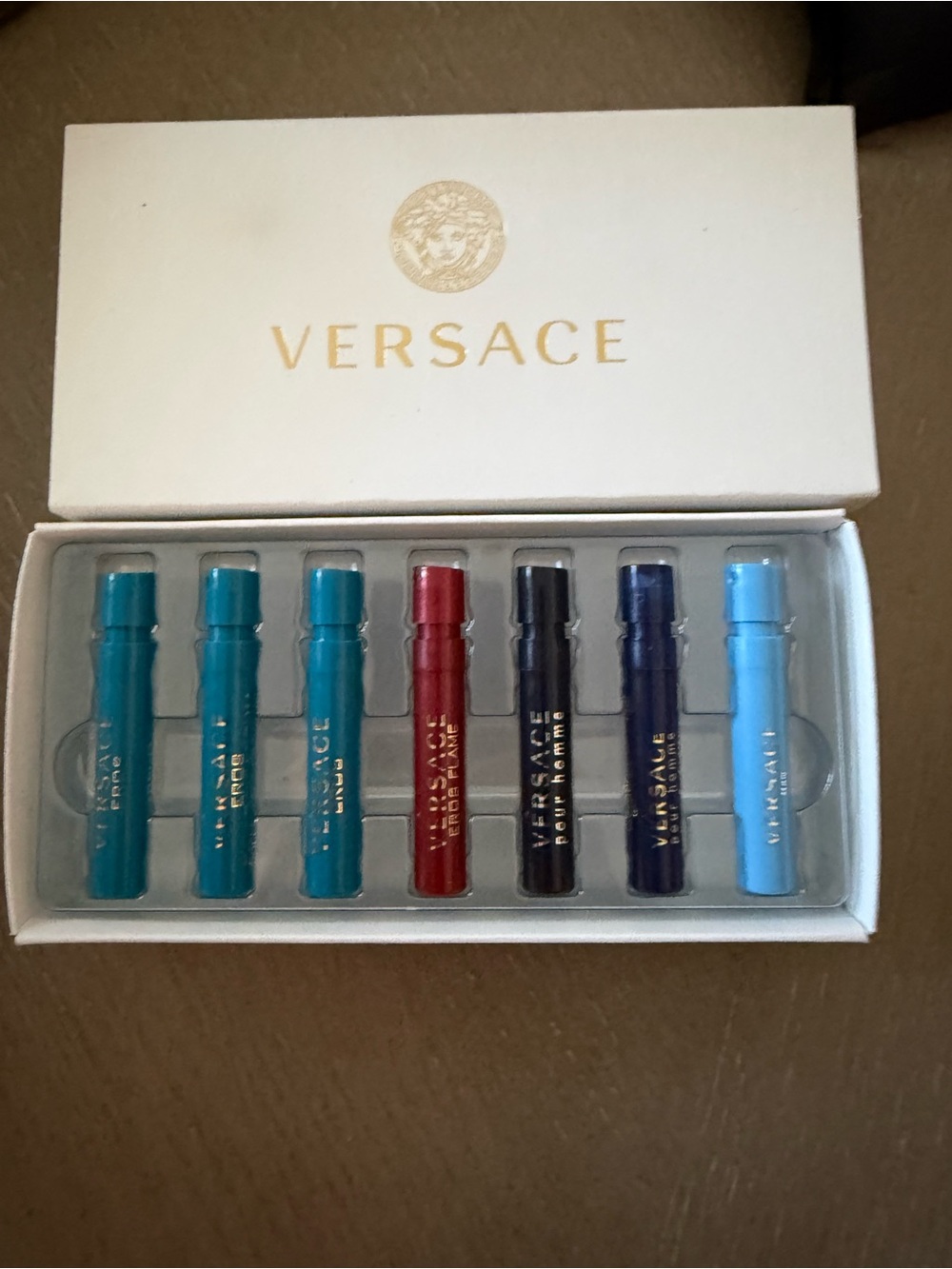 Versace Men's Fragrance Vial Set - Teal, Red, Navy, Light Blue